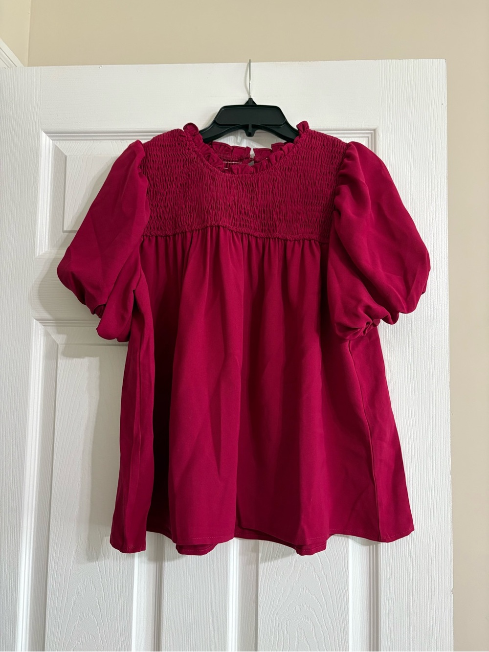 Women’s Burgundy Smocked Babydoll Blouse Puff Short Sleeve Top Size M Boutique